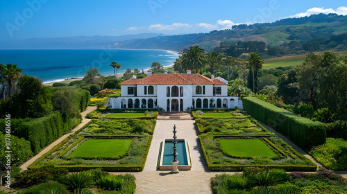 Santa Barbara Spanish colonial with Pacific views and citrus grove, California mission-style hilltop estate photo