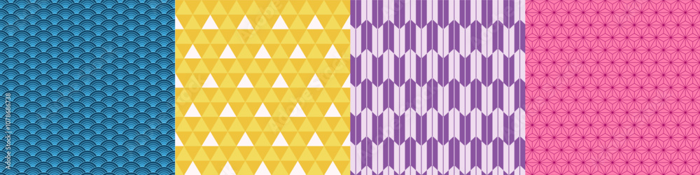 Traditional japanese seamless pattern vector set. Asian background repeat designs Asanoha, Seigaiha, Uroko, Yabane patterns. Waves, Arrow feathers, leaves, triangles, geometric print collection.