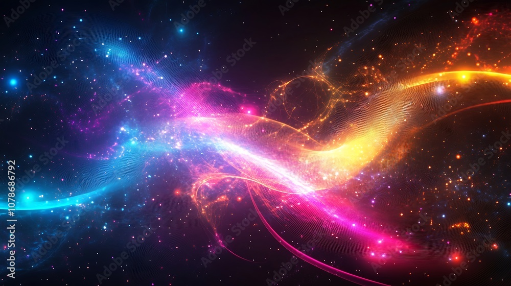 Fototapeta premium Dynamic abstract glowing digital patterns with neon light swirling in a matrix.