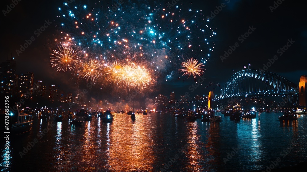 A breathtaking view of fireworks exploding over a cityscape with a bridge in the background. A breathtaking view of fireworks exploding over a cityscape with a bridge in the background.