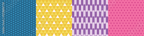 Traditional japanese seamless pattern vector set. Asian background repeat designs Asanoha, Seigaiha, Uroko, Yabane patterns. Waves, Arrow feathers, leaves, triangles, geometric print collection.