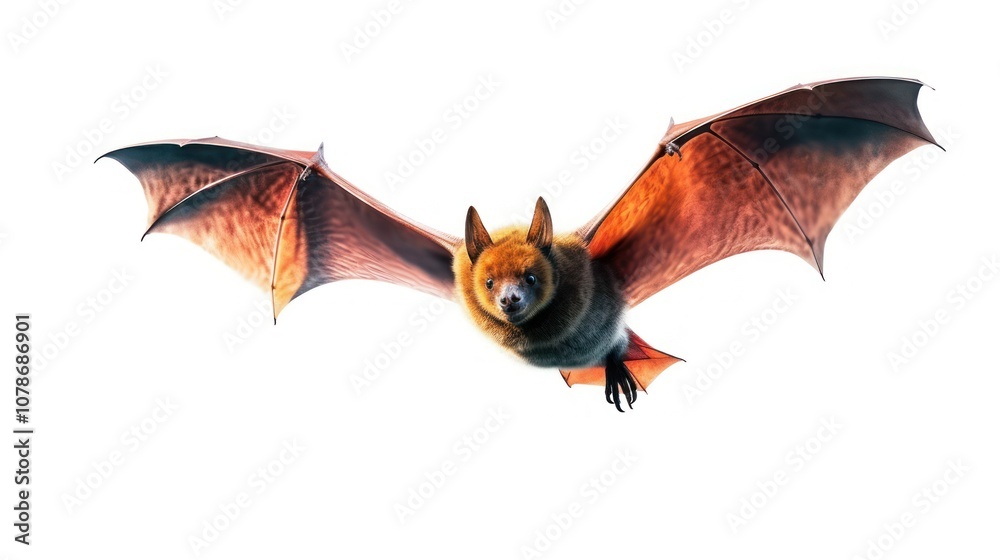 Fototapeta premium A brown bat with outstretched wings flying towards the camera against a white background.