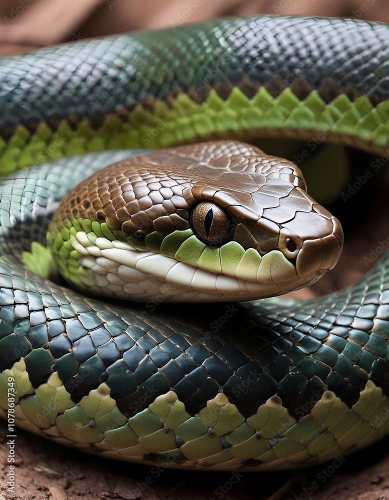 A snake, likely a venomous species, with its head and scales visible A snake, likely a venomous species, with its head and scales visible