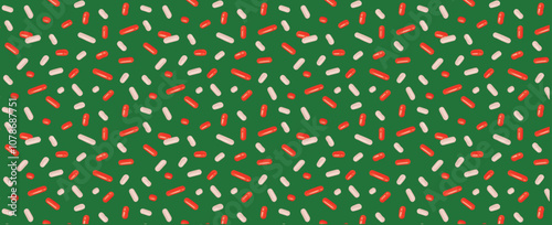 Festive Christmas seamless pattern with confetti or sprinkles for donuts. Green and red color. Repeating background, vector illustration for holiday, birthday, gift paper, decoration.