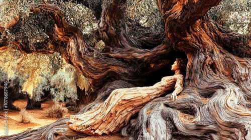Wooden statue relaxing under ancient olive tree in grove
