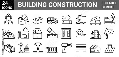 Building and construction simple line isolated icon set collection. Vector flat graphic design illustration