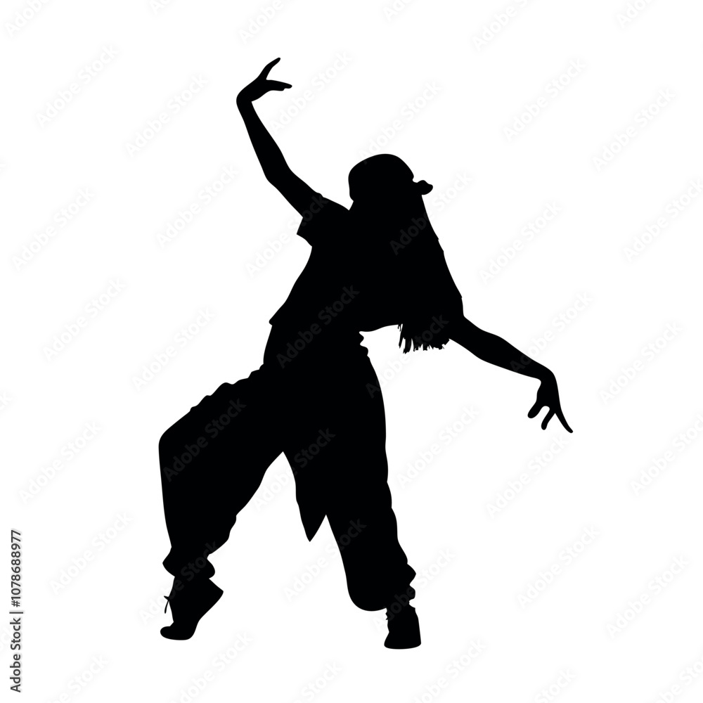 A woman is dancing and pointing to the right. She is wearing a hat and black pants. The image is black and white A woman is dancing and pointing to the right. She is wearing a hat and black pants. The image is black and white