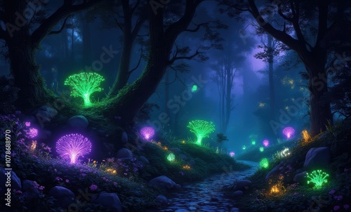 Enchanting glowing trees in dark woods