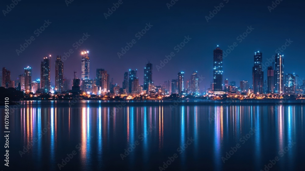 Fototapeta premium A panoramic view of a city skyline at night with illuminated skyscrapers reflecting on the water.