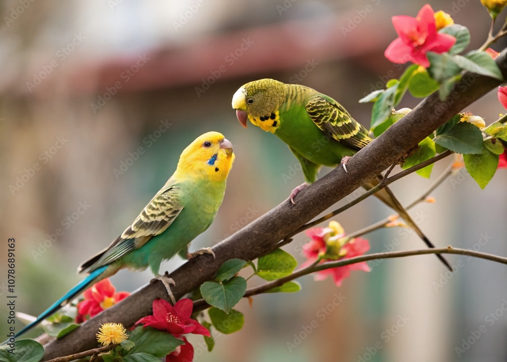 A Charming Budgie and Lovebird Hybrid in Tilt-Shift Photography, Capturing Their Playful Nature and Vibrant Colors in a Miniature World of Avian Delight A Charming Budgie and Lovebird Hybrid in Tilt-Shift Photography, Capturing Their Playful Nature and Vibrant Colors in a Miniature World of Avian Delight