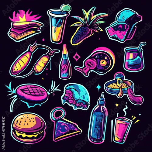 pattern with drinks Random vector stickers with cool style, cartoon realism, neon colors, illustration illustration, sketchfab style, detailed illustration, complete photo