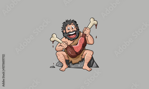 Happy caveman holding large meat with bone cartoon