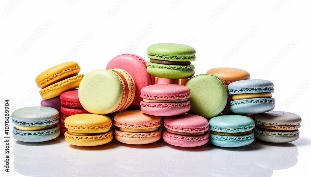 A variety of colorful macarons arranged against a white backdrop. Generated with AI. A variety of colorful macarons arranged against a white backdrop. Generated with AI.