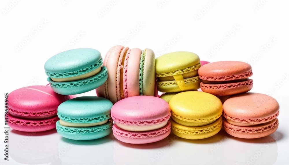 A variety of colorful macarons arranged against a white backdrop. Generated with AI. A variety of colorful macarons arranged against a white backdrop. Generated with AI.