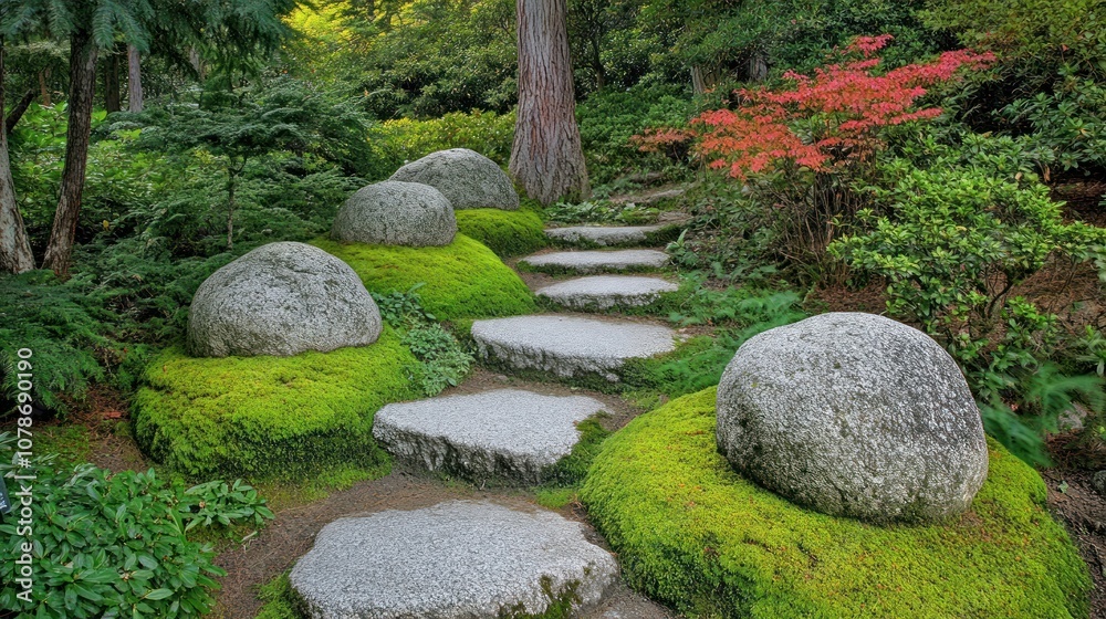 A serene garden path with stones and moss, inviting tranquility and reflection. A serene garden path with stones and moss, inviting tranquility and reflection.