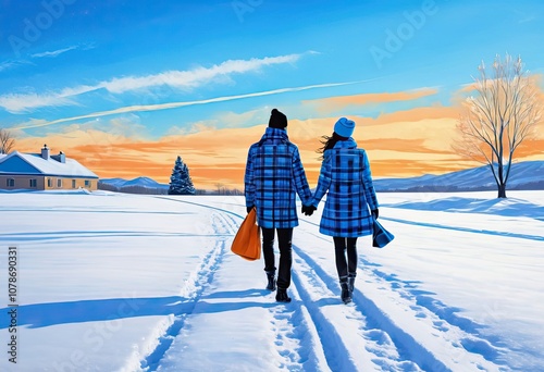 Silhouette Couple Walking in Winter Wonderland.This image is perfect for winter-themed designs, love stories, or nostalgic projects.