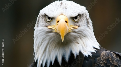 A close-up portrait of a bald eagle with a sharp, intense gaze.