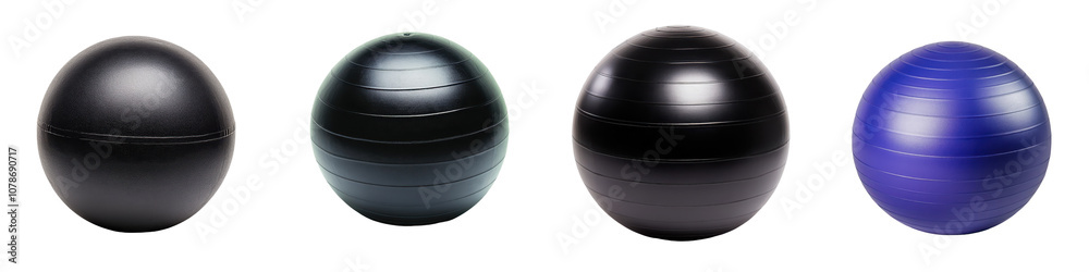 Three black glossy and reflective spherical exercise balls or props displayed on a plain and minimalist white background  Geometric abstract and simple design for fitness wellness