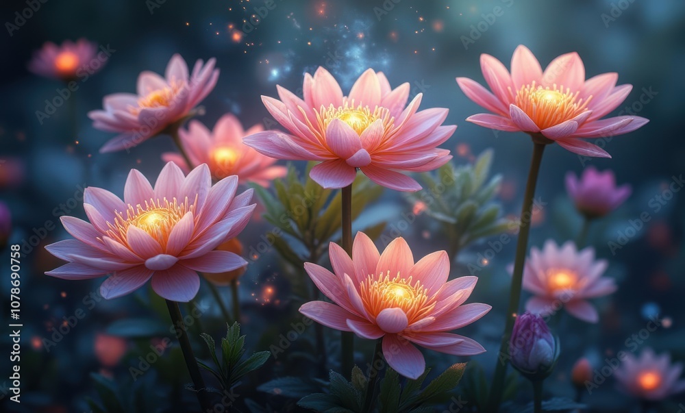 Serene pink lotus flowers in evening glow Serene pink lotus flowers in evening glow