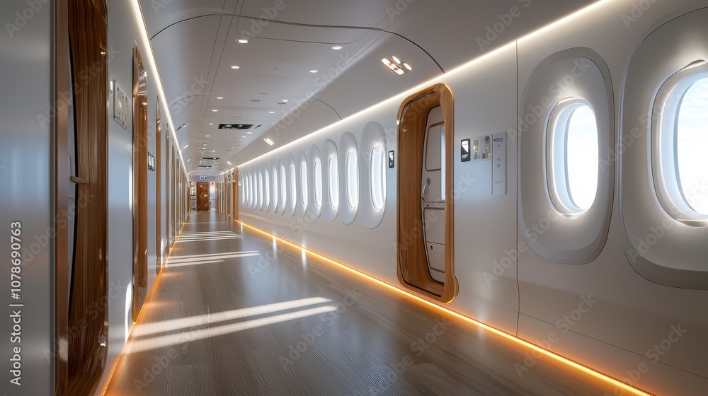 Obraz premium Explore the modern airplane cabin featuring emergency exit path lighting for safe travel experiences at the airport