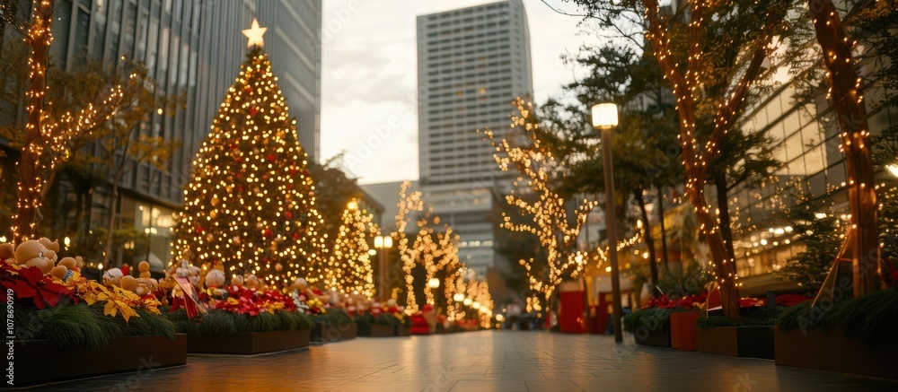 A festive street adorned with sparkling lights, holiday decorations, and a beautifully illuminated Christmas tree. A festive street adorned with sparkling lights, holiday decorations, and a beautifully illuminated Christmas tree.