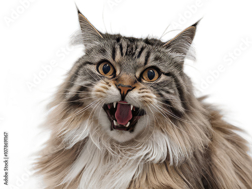 Fluffy Cat with Wide Open Eyes and Mouth, Showcasing Its Teeth - Isolated Studio Photo