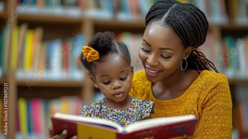 Mother and Daughter Reading Together in a Library