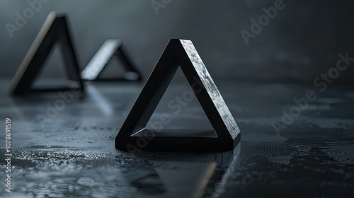 Close-up of a Penrose tribar floating above a minimalist black surface, with dramatic lighting. photo