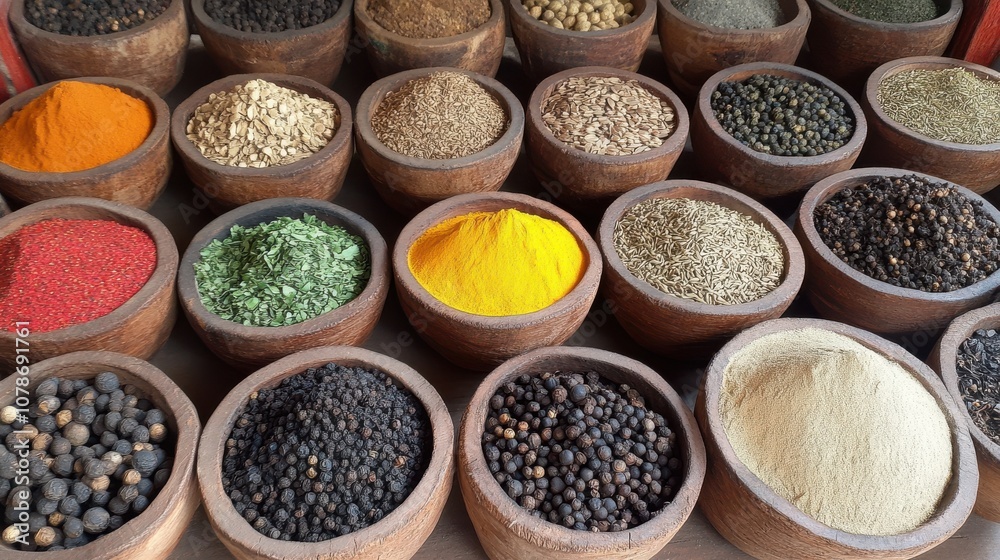 A colorful display of various spices in wooden bowls, showcasing the vibrant hues and textures of culinary delights. A colorful display of various spices in wooden bowls, showcasing the vibrant hues and textures of culinary delights.