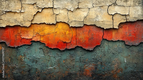 A textured wall featuring cracked paint in vibrant colors of orange, red, and teal. photo