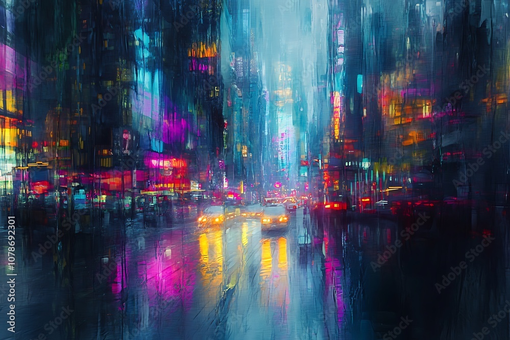 Fototapeta premium Blurred cityscape with neon lights