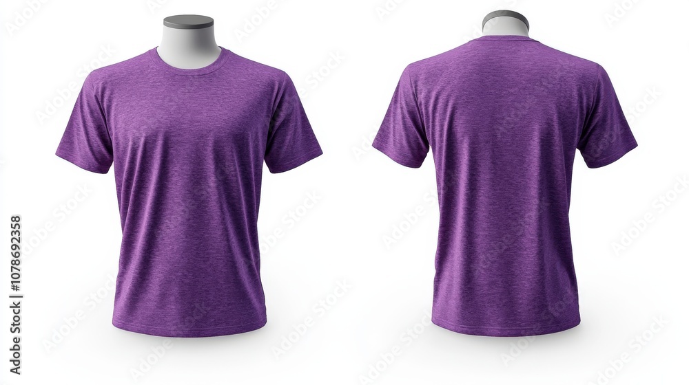 A plain purple T-shirt is beautifully displayed with front and back views in a realistic 3D render. It offers a clear look at its design on a white background. A plain purple T-shirt is beautifully displayed with front and back views in a realistic 3D render. It offers a clear look at its design on a white background.