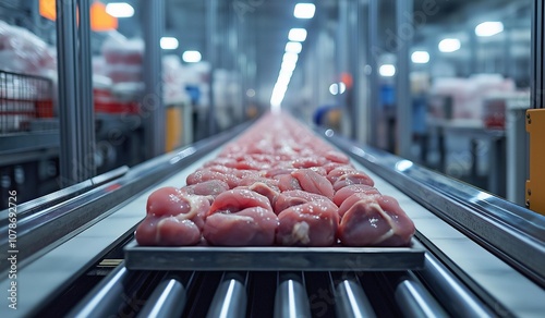 AI generator image of factory workers selecting meat such as pork, chicken, beef or fish,meat processing factory To produce ready-made food such as sausage and ham,meatballs. photo