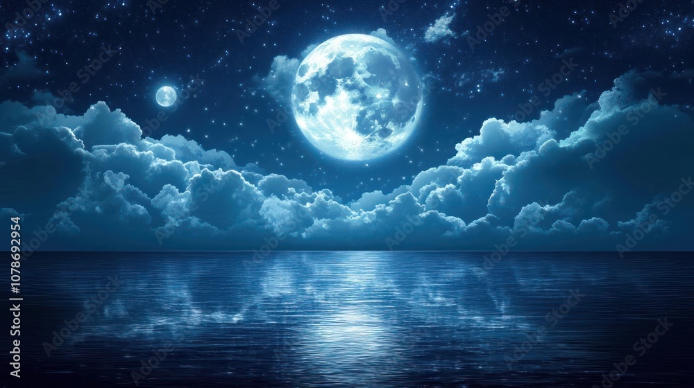 Fototapeta premium A full moon shines brightly over a calm ocean with a star-filled sky and clouds.