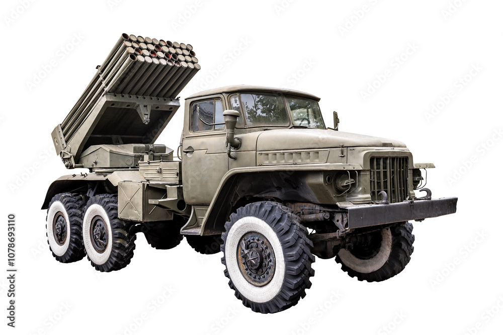 Launcher of volley fire Grad based on the military truck on white background Launcher of volley fire Grad based on the military truck on white background