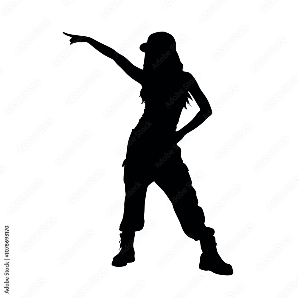A woman is dancing in the air. She is wearing a hat and a black shirt A woman is dancing in the air. She is wearing a hat and a black shirt