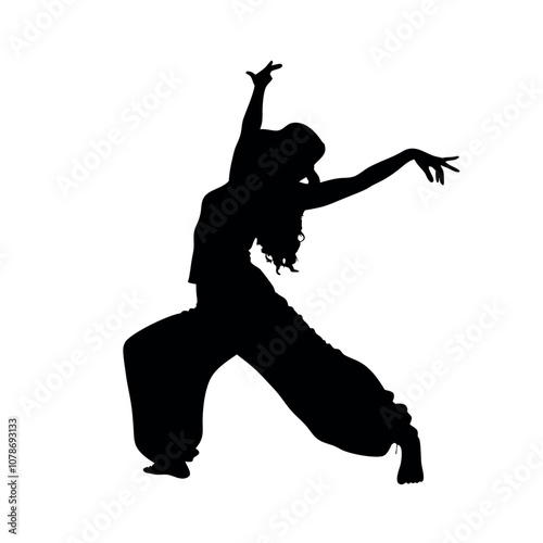 A woman is dancing in the air. She is wearing a hat and a black shirt