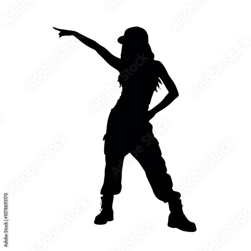 A woman is dancing in the air. She is wearing a hat and a black shirt