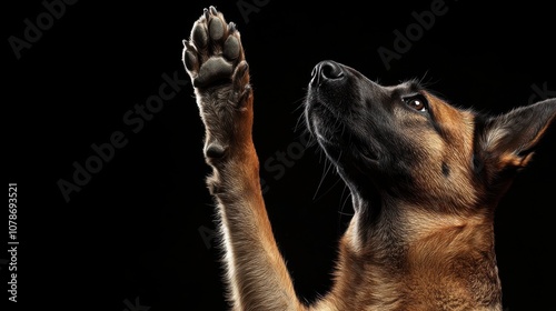 A German Shepherd dog raises its paw in the air, looking up with anticipation against a dark background.