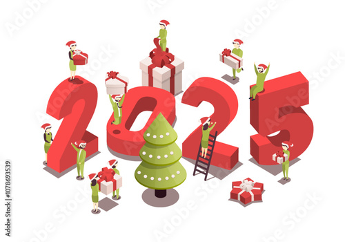 Isometric vector illustration for christmas and new year. Celebration concept. People prepare for the holiday, prepare gifts.
