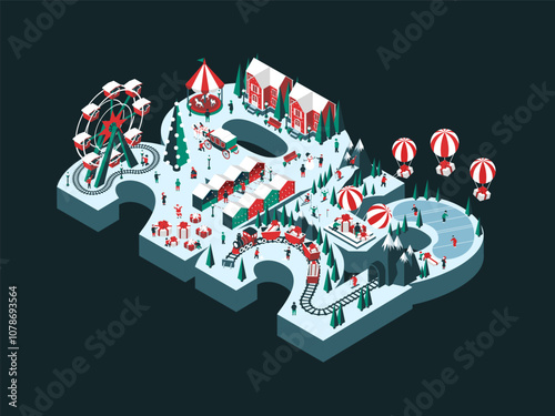 Vector illustration of Holiday New Year 2025. Isometric style. Happy people are having fun and celebrating winter holidays. For a poster or banner and greeting card.
