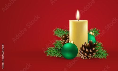 Vector illustration of Christmas and New Years. Christmas composition with candle, branches of a christmas tree, pinecone, christmas ornament.
