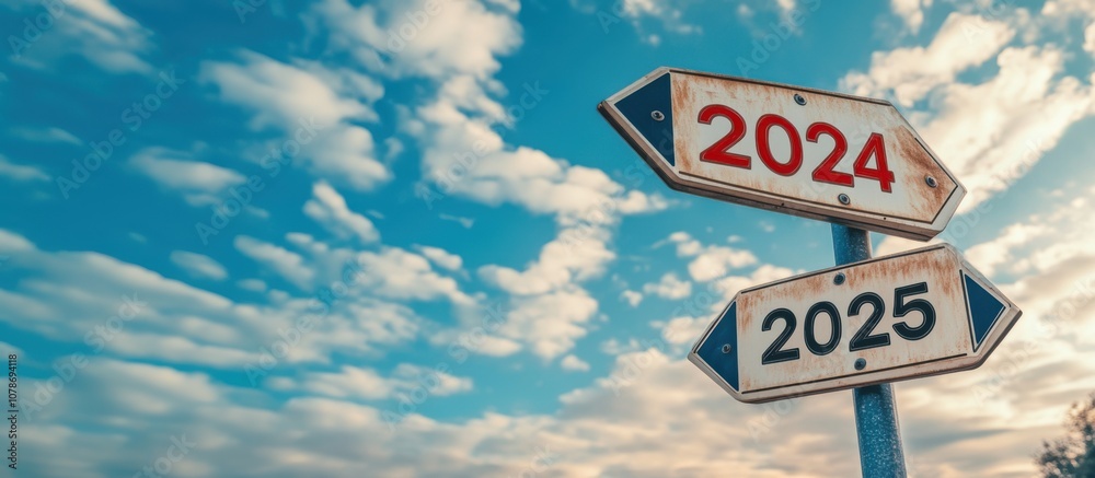 A signpost points towards the years 2024 and 2025 against a backdrop of blue sky and clouds, symbolizing the passage of time. A signpost points towards the years 2024 and 2025 against a backdrop of blue sky and clouds, symbolizing the passage of time.