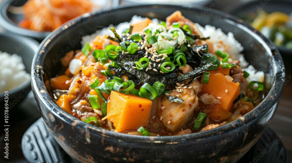 The national cuisine of North Korea. Chicken stew with sweet potatoes, onions, dried seaweed and takkalbi rice The national cuisine of North Korea. Chicken stew with sweet potatoes, onions, dried seaweed and takkalbi rice
