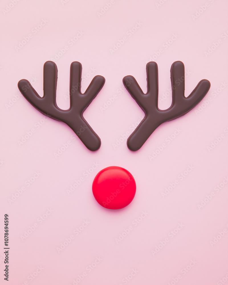 Obraz premium Flat lay of reindeer made of chocolate antlers and a red candy like nose on a light pink background. Minimal Christmas card with copy space 