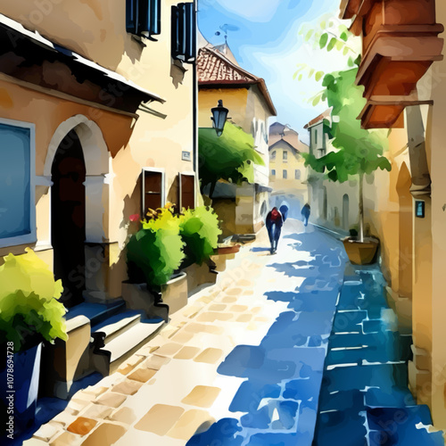 mediterrenean village street, watercolor painting