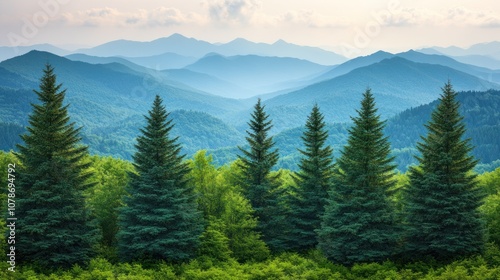 Four pine trees stand tall in front of a mountain range with a hazy blue sky.