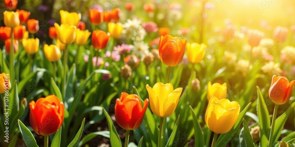 A vibrant line of yellow tulips stretching across a floral garden scene, greenery, garden, growing A vibrant line of yellow tulips stretching across a floral garden scene, greenery, garden, growing
