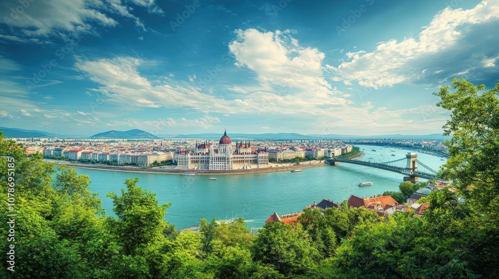 Naklejka premium A panoramic view of the Hungarian Parliament Building and the Chain Bridge in Budapest, with a clear blue sky and fluffy clouds, the river Danube flows in front of the parliament.