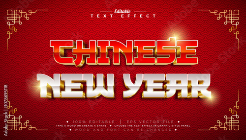 Chinese New Year 3D Text Effect Design Editable and Scalable Vector Graphic Style Effect with Red and White Typography Lettering with Golden Frame on Scaly Pattern Background. Lunar New Year